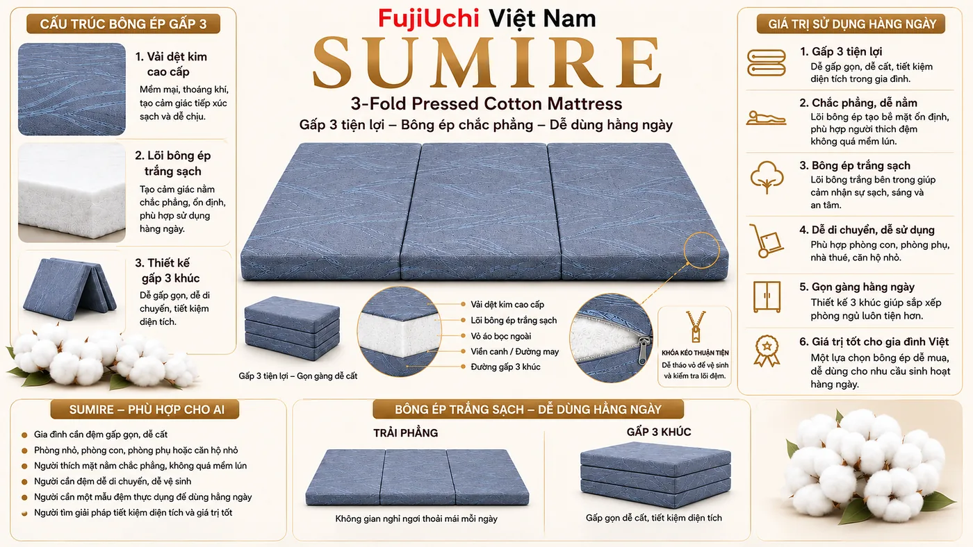 Ruột bông ép Cotton + Polyester, gập 3 mảnh.